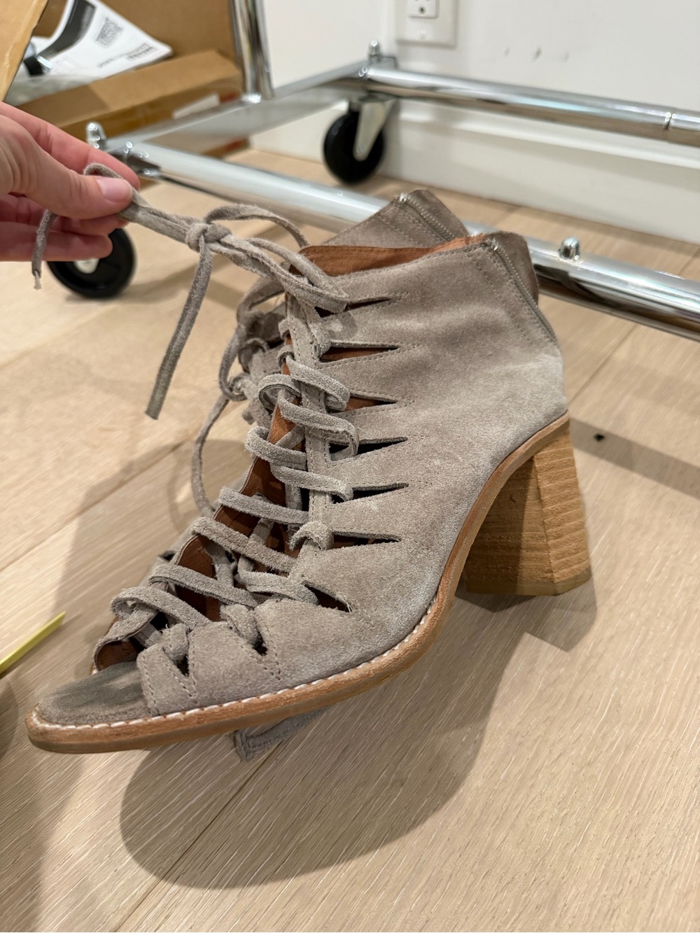 Jeffrey Campbell Taupe Suede Lace-Up Peep Toe Block Heel Bootie